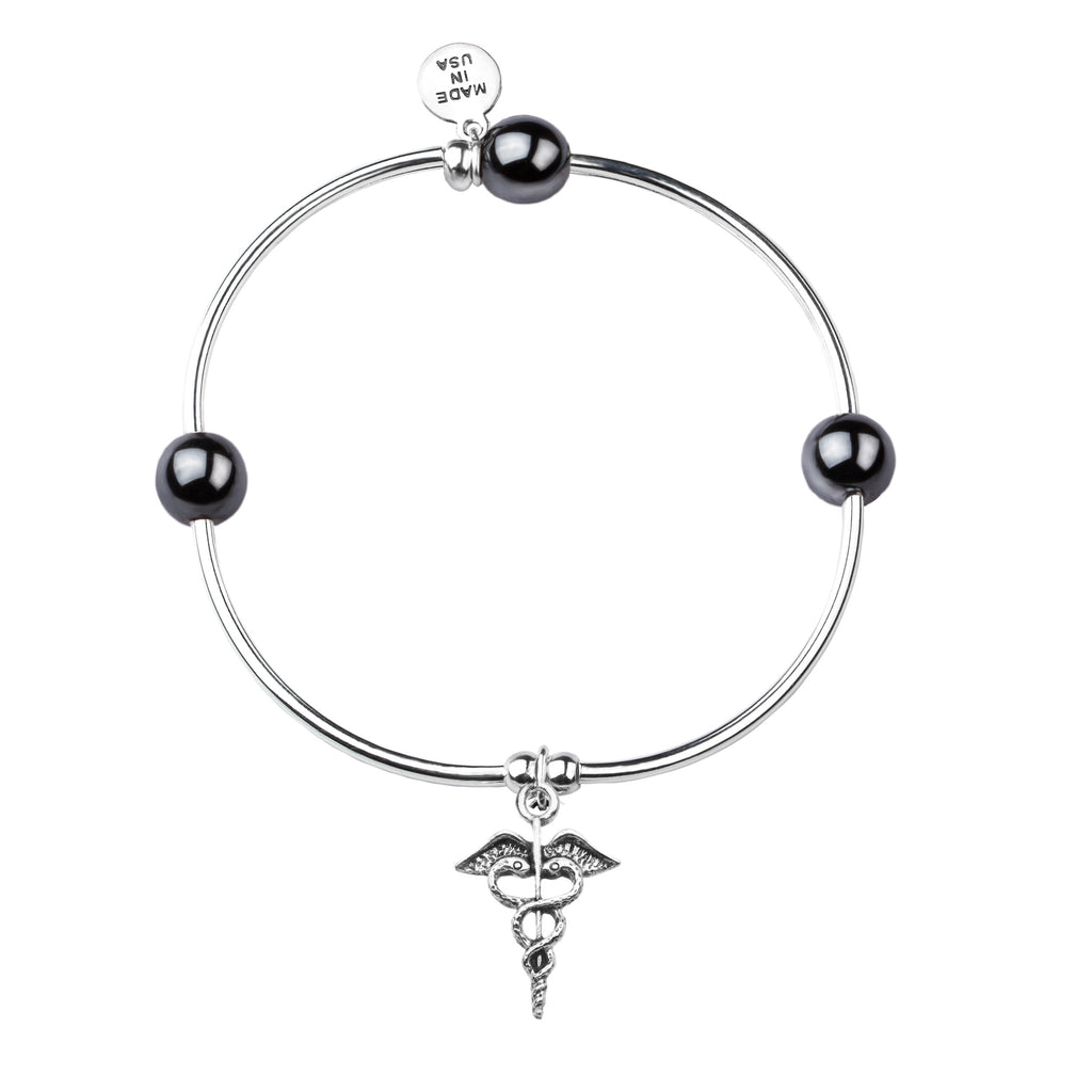 Caduceus (Medical Symbol) | Soft Bangle Charm Bracelet | Hematite