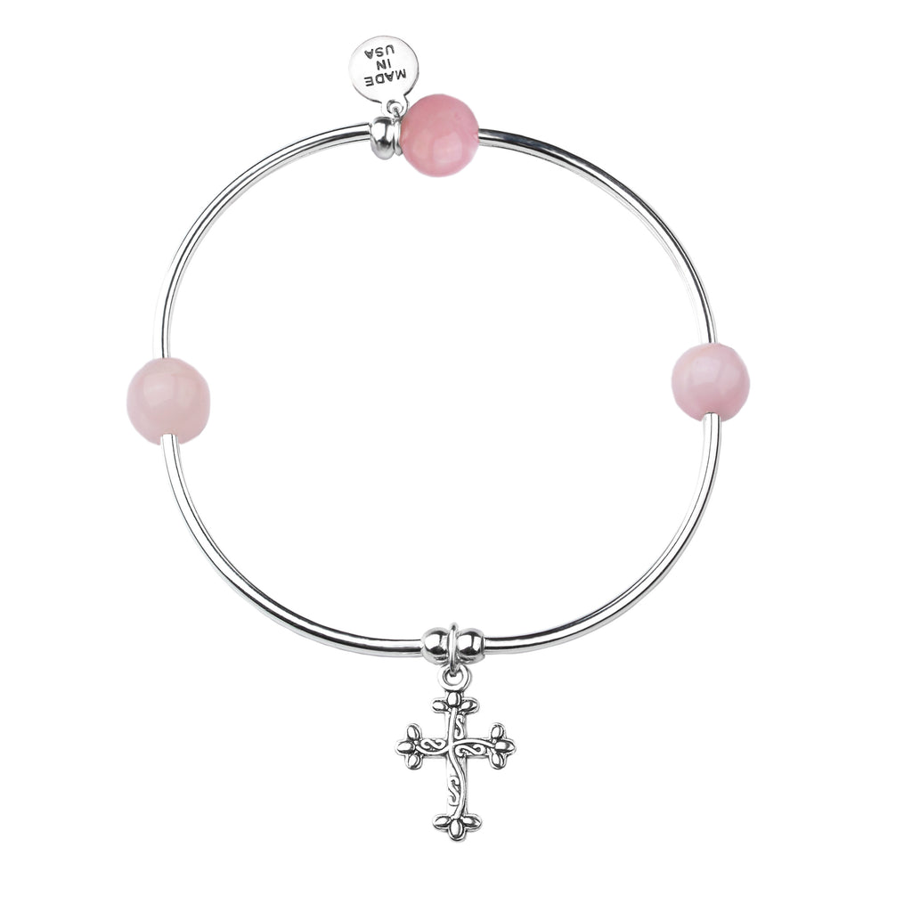 Cross | Soft Bangle Charm Bracelet | Rose Quartz