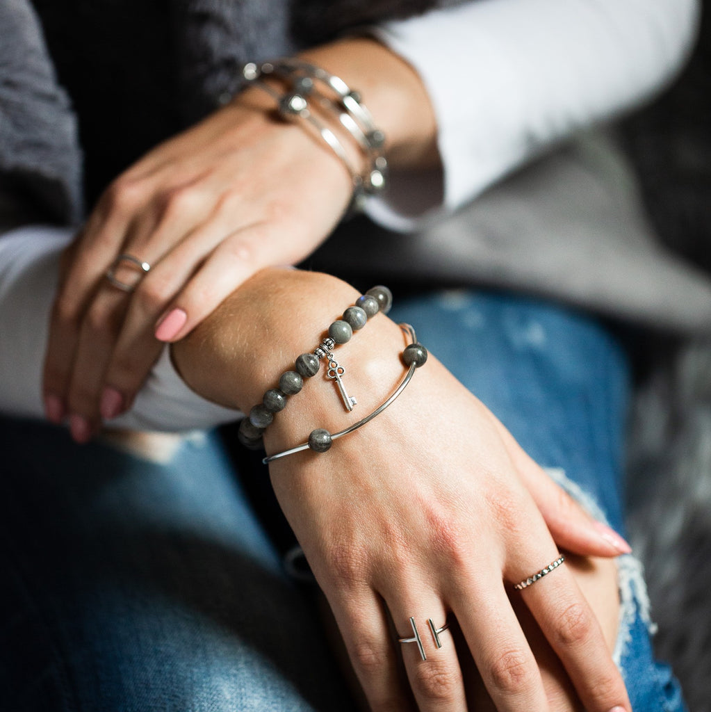 Cross | Stone Beaded Charm Bracelet | Tiffany Blue Agate