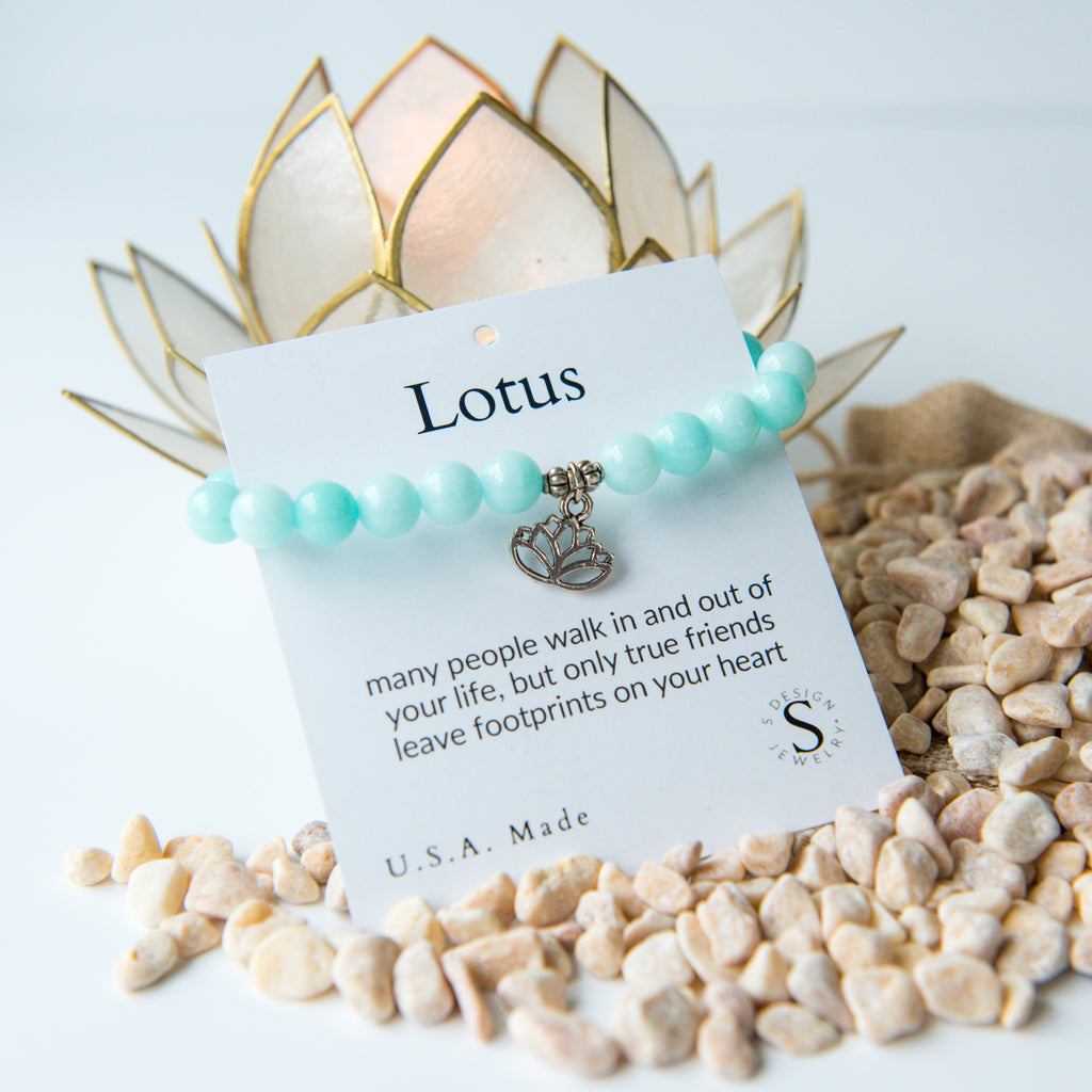 Lotus Stone Beaded Charm Bracelet | Tiffany Blue Agate