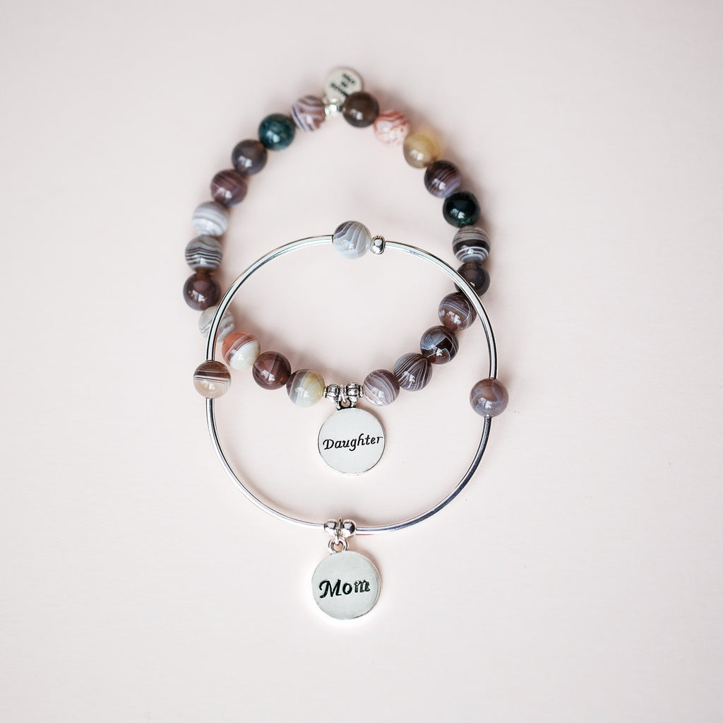 Mom | Soft Bangle Charm Bracelet | Tiffany Blue Agate