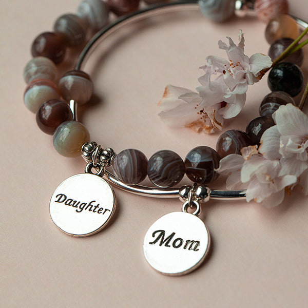 Mom | Stone Beaded Charm Bracelet | Rose Quartz