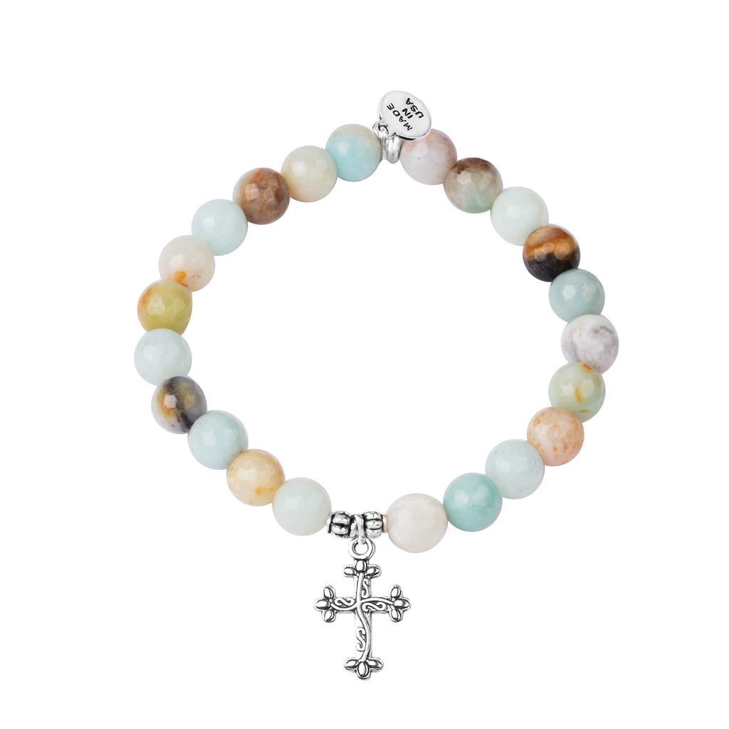 Cross | Stone Beaded Charm Bracelet | Amazonite