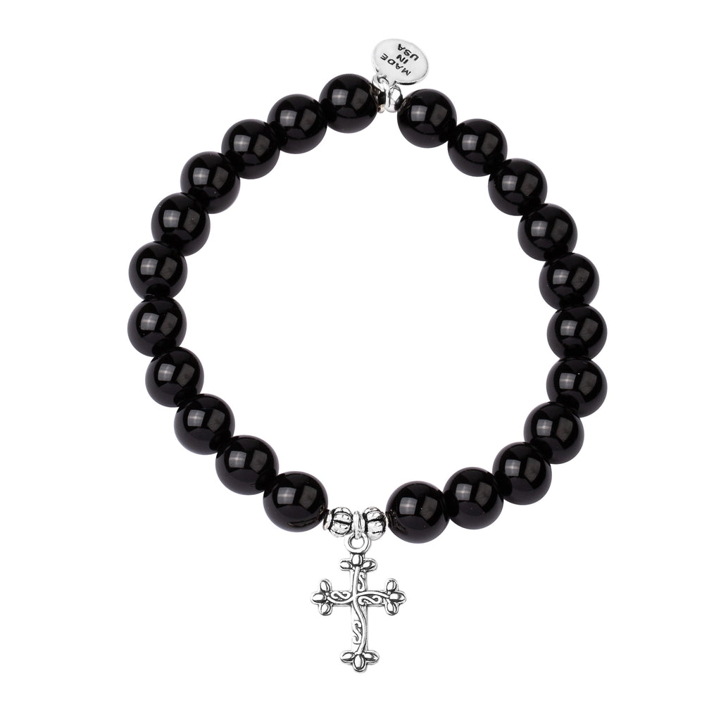 Cross | Stone Beaded Charm Bracelet | Onyx