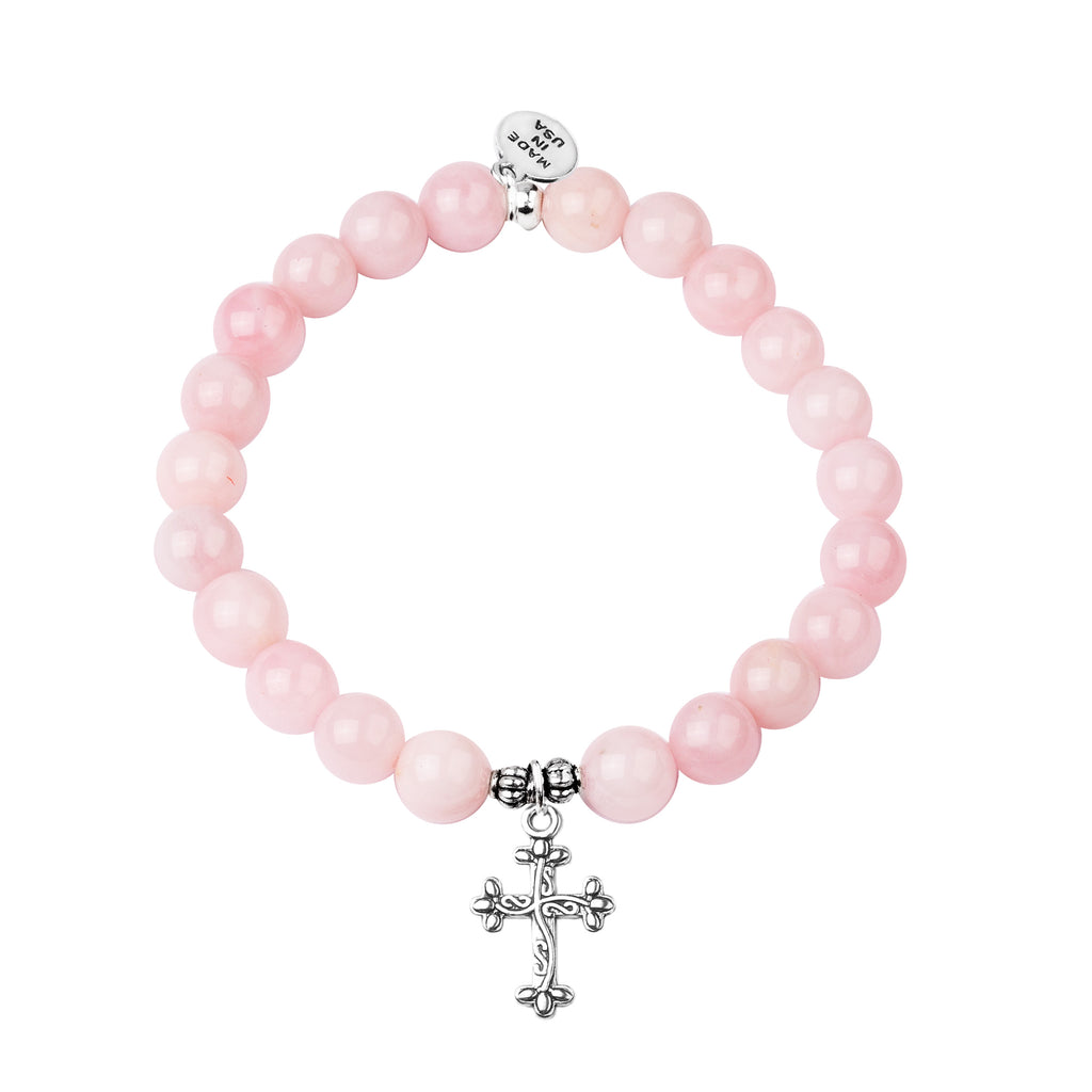 Cross | Stone Beaded Charm Bracelet | Rose Quartz