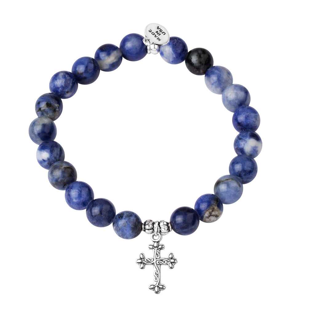 Cross | Stone Beaded Charm Bracelet | Sodalite