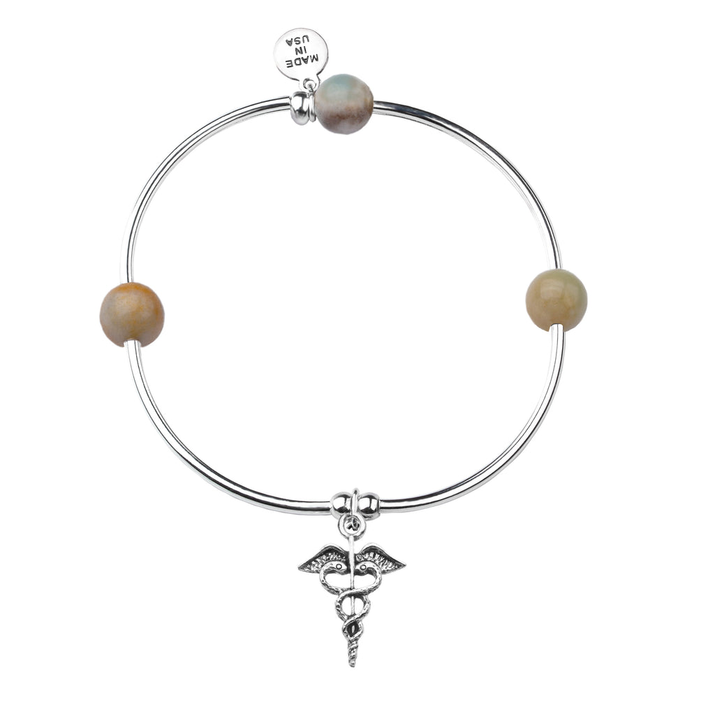 Caduceus (Medical Symbol) | Soft Bangle Charm Bracelet | Amazonite