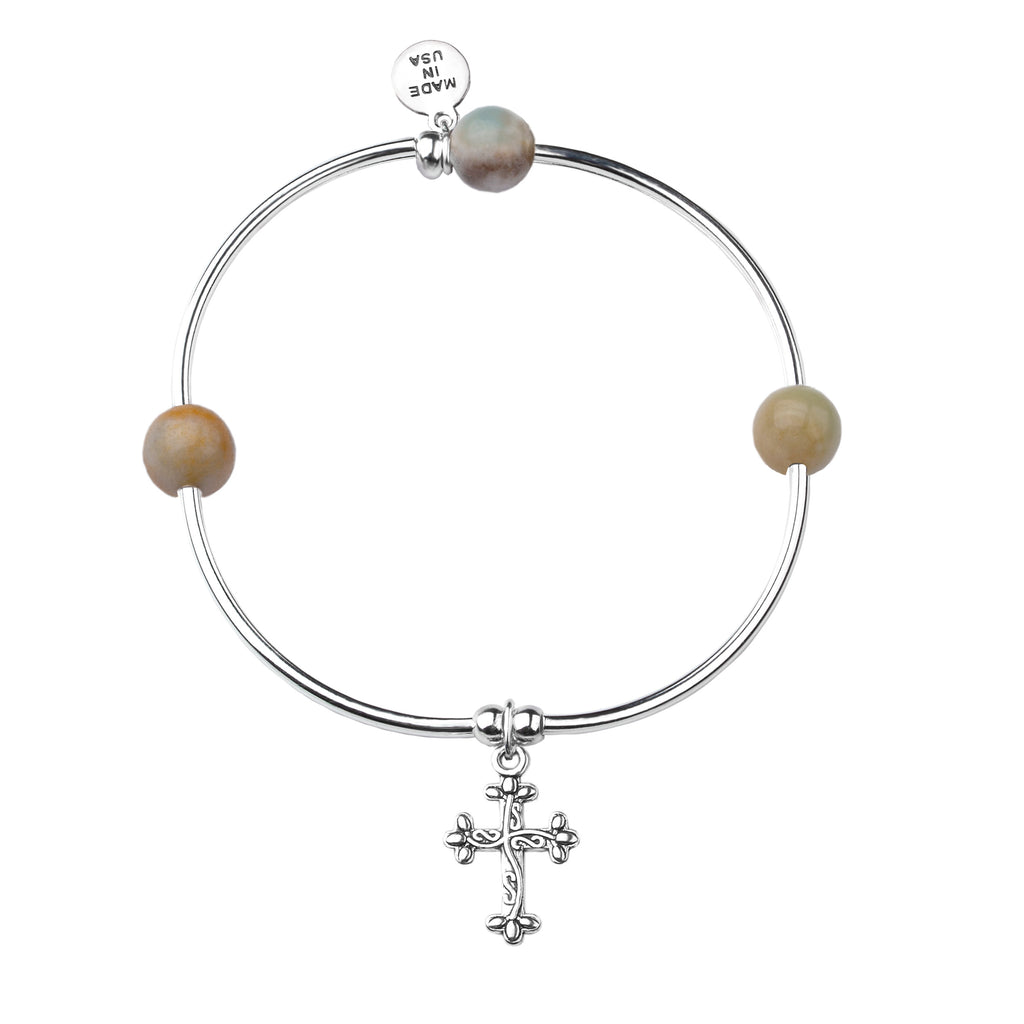 Cross | Soft Bangle Charm Bracelet | Amazonite