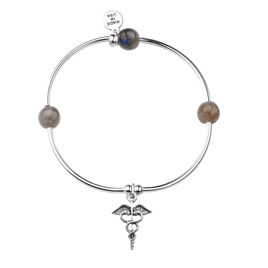 Caduceus (Medical Symbol) | Soft Bangle Charm Bracelet | Labradorite