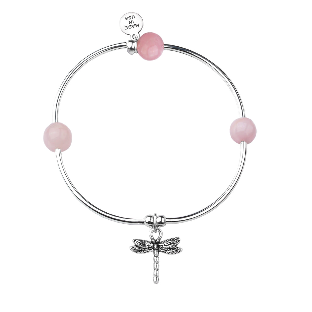 Dragonfly | Soft Bangle Charm Bracelet |  Rose Quartz