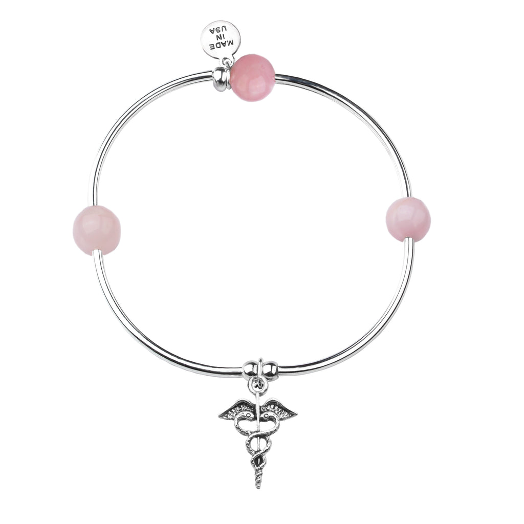 Caduceus (Medical Symbol) | Soft Bangle Charm Bracelet | Rose Quartz